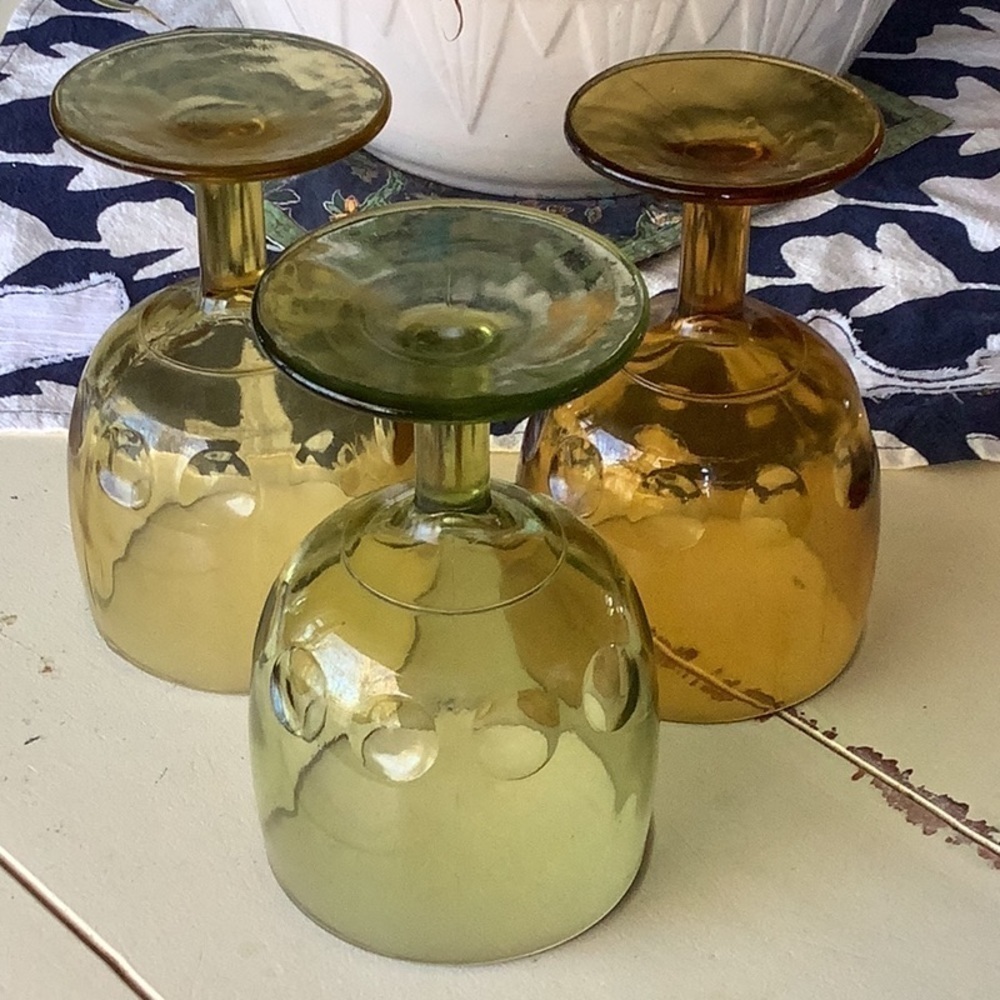 Three Retro Vintage Green Yellow Gold Goblets